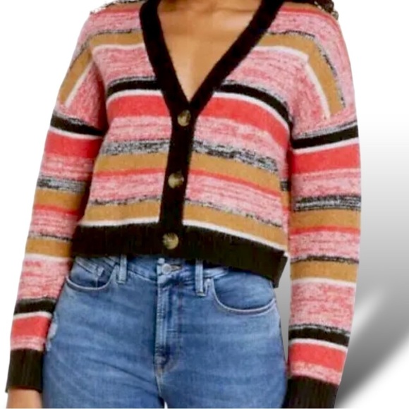 BP Black Marl Stripe Slouched Cropped Front Button Cardigan Size 1X NWT - Picture 4 of 11